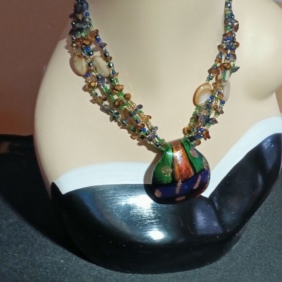 Boho Multistrand Beaded Art Glass Pendant Necklace Statement - Picture 2 of 11